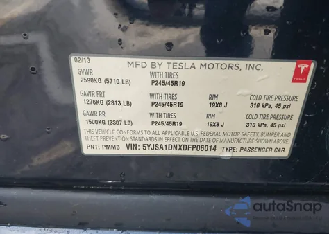 2013 Tesla Model S z USA, uszkodzony, nr VIN 5YJSA1DNXDFP06014